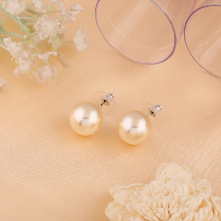 Estele Rhodium Plated Sparkling Cream Pearl Stud Earrings for Women