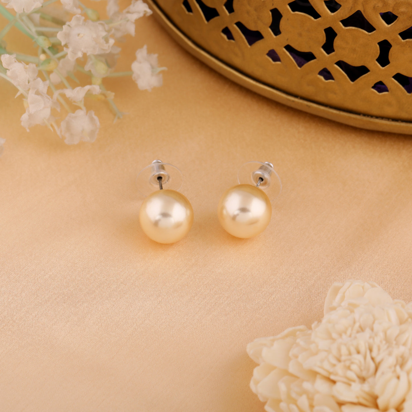 Estele Rhodium Plated Glamorous Pearl Stud Earrings for Women