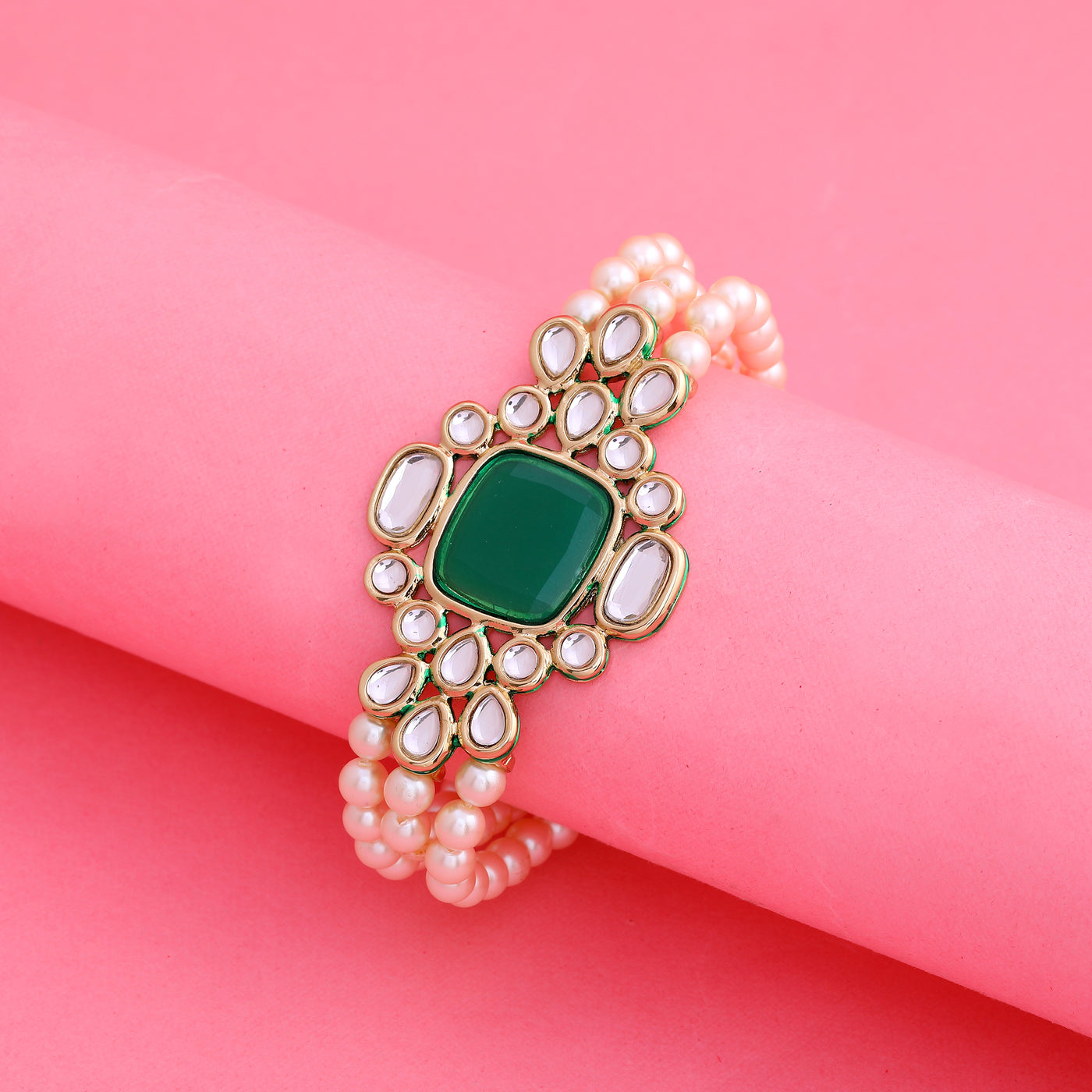 Traditional Gold tone Royal Emerald Pearl Kundan Bracelet
