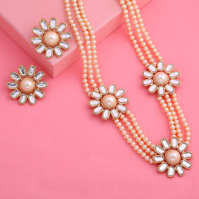 Traditional Gold tone Three Daisy Flower Kundan Pearl Necklace set