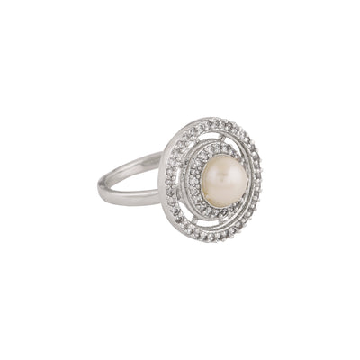 Estele Rhodium Plated CZ Adjustable Circular Ring with Pearl for Women