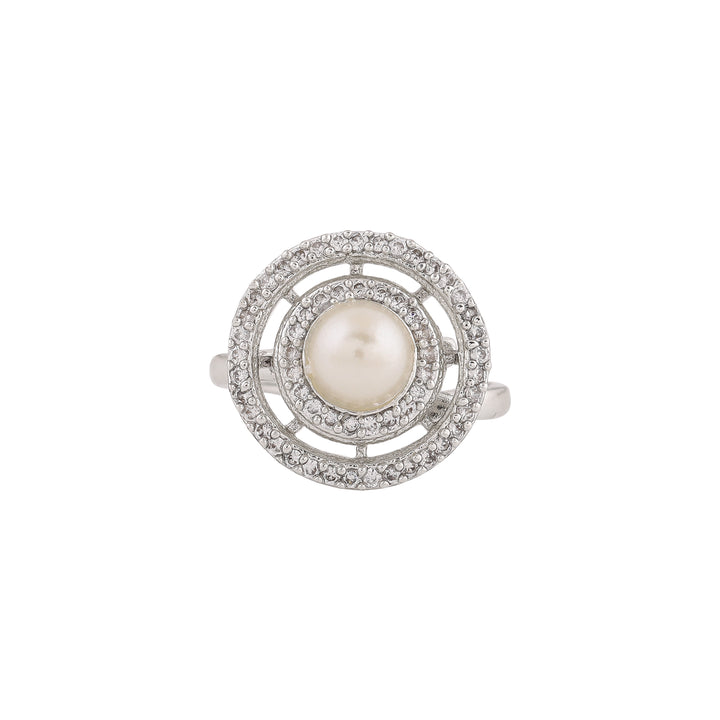 Estele Rhodium Plated CZ Adjustable Circular Ring with Pearl for Women