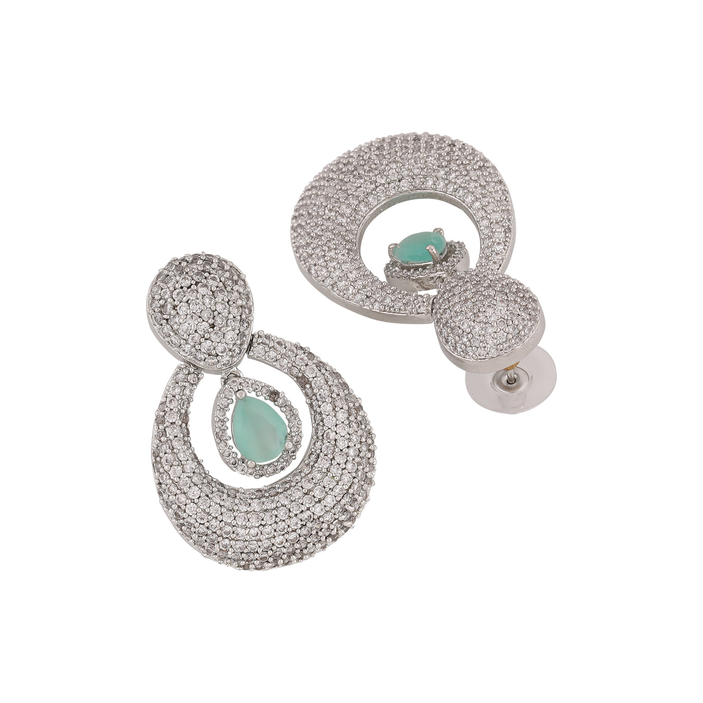 Estele Rhodium Plated CZ Pear Cluster Earring for Women with Mint Green Droplet