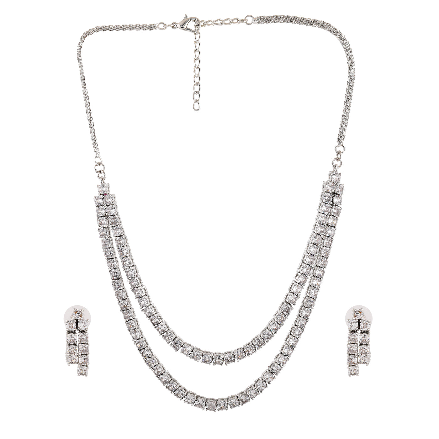 Estele Rhodium Plated CZ Classic Double Line Necklace Set for Women