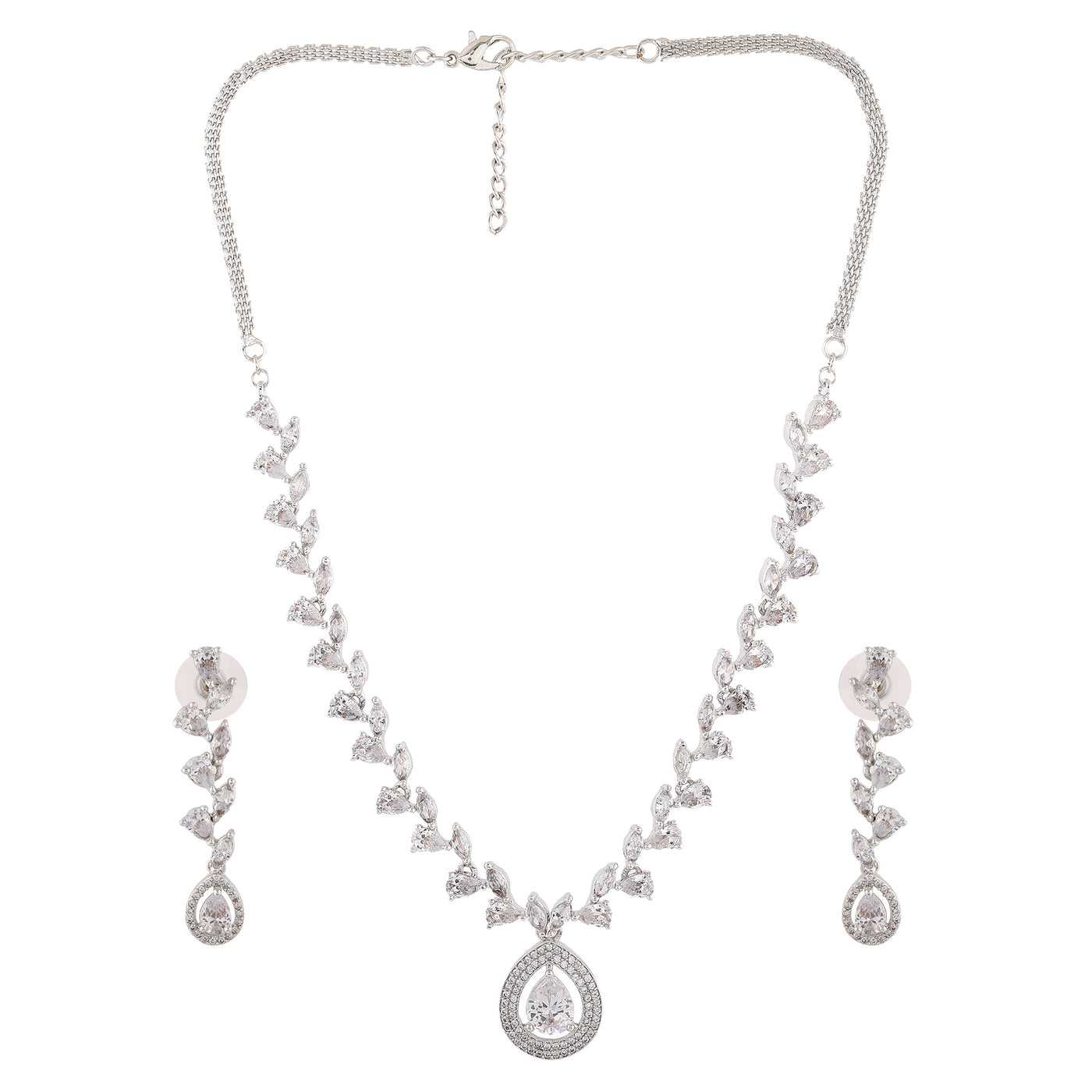 Estele Rhodium Plated CZ Pear and Marquise Necklace Set for Women