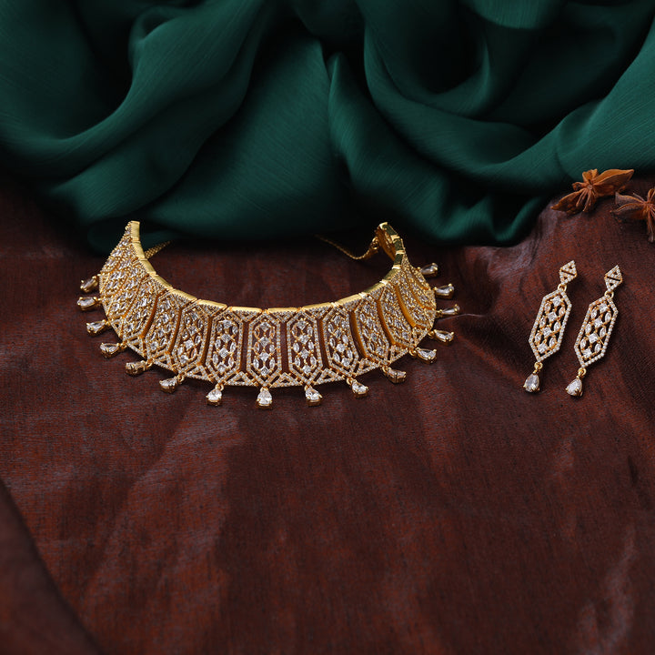 Estele Gold Plated CZ Lavish Luxe Designer Choker Style Necklace Set for Women