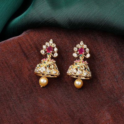 Estele Gold Plated CZ Designer Bridal Jhumki Earrings with Pearl & Multi Color Crystals for Women