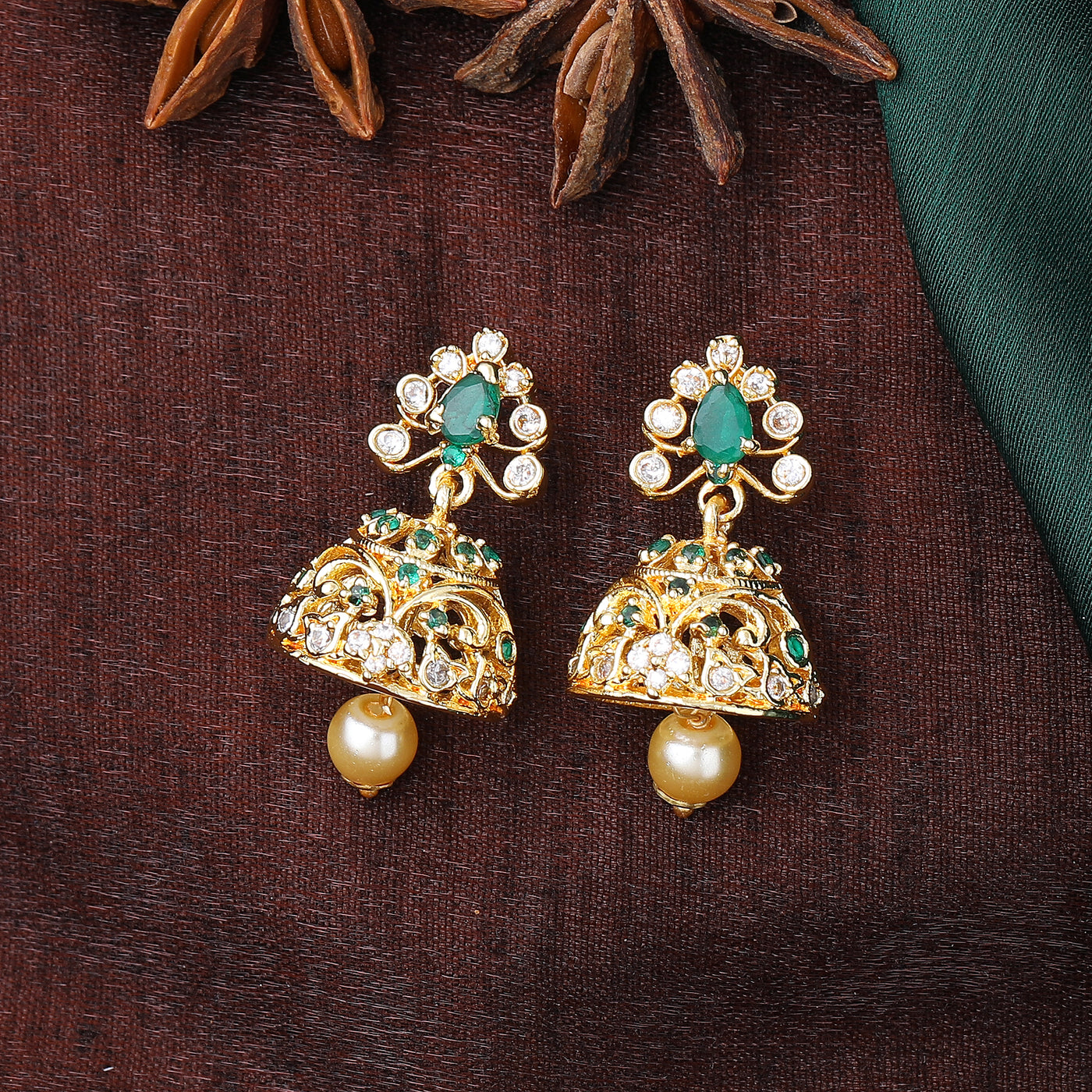 Estele Gold Plated CZ Splendid Jhumki Earrings with Pearl & Green Crystals for Women