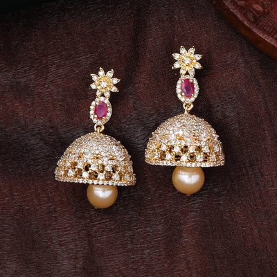 Estele Gold Plated CZ Designer Jaliwala Jhumka Earrings with Pearl & Ruby Crystals for Women
