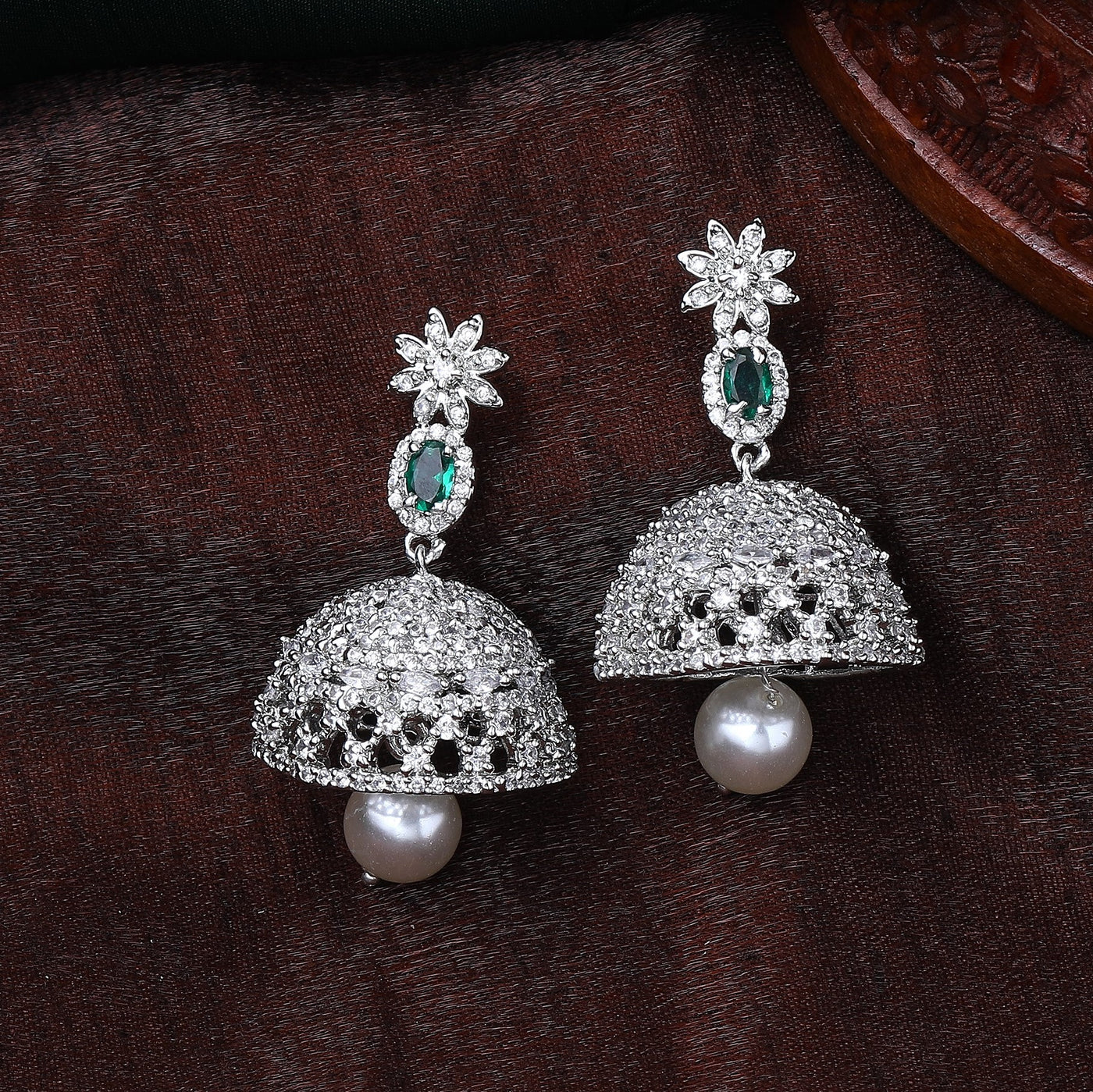 Estele Rhodium Plated CZ Designer Jaliwala Jhumka Earrings with Pearl & Emerald Crystals for Women