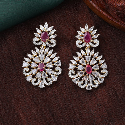 Estele Gold Plated CZ Radiance Flower Designer Earrings with Pink Crystals for Women