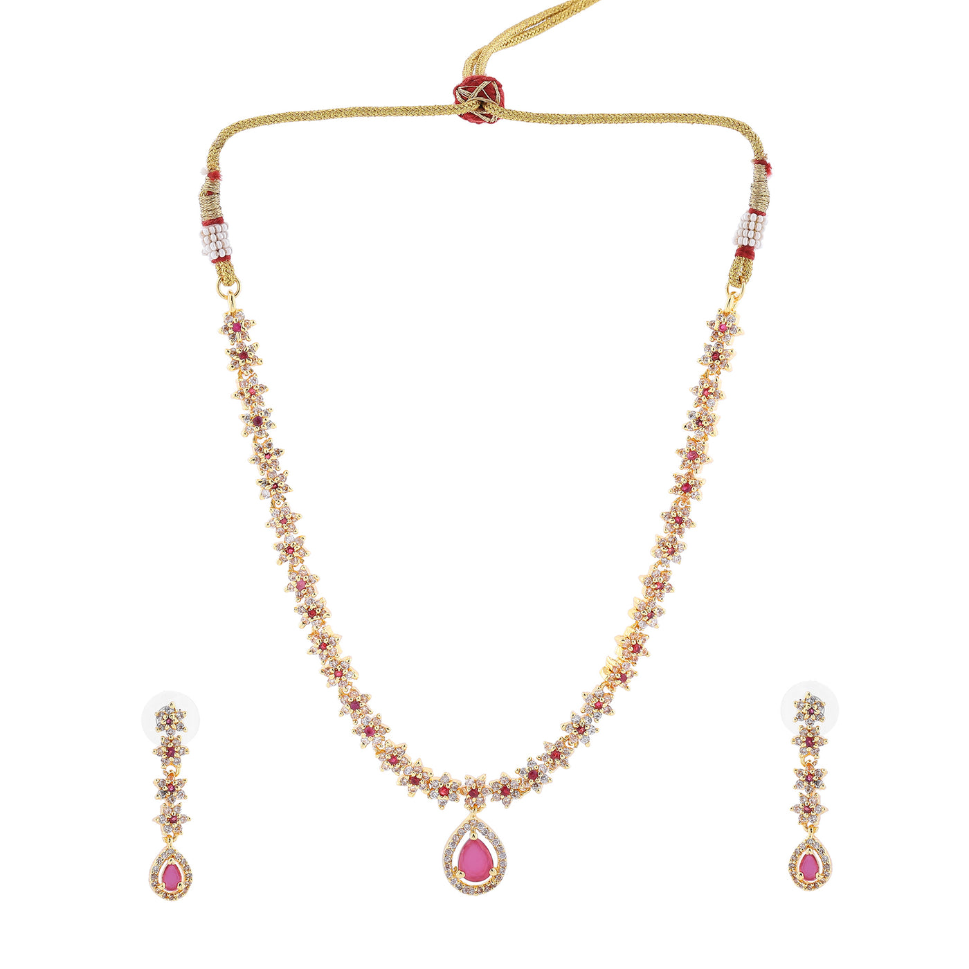 Estele Gold Plated CZ Floral Line Bridal Necklace Set with Ruby Crystals for Women