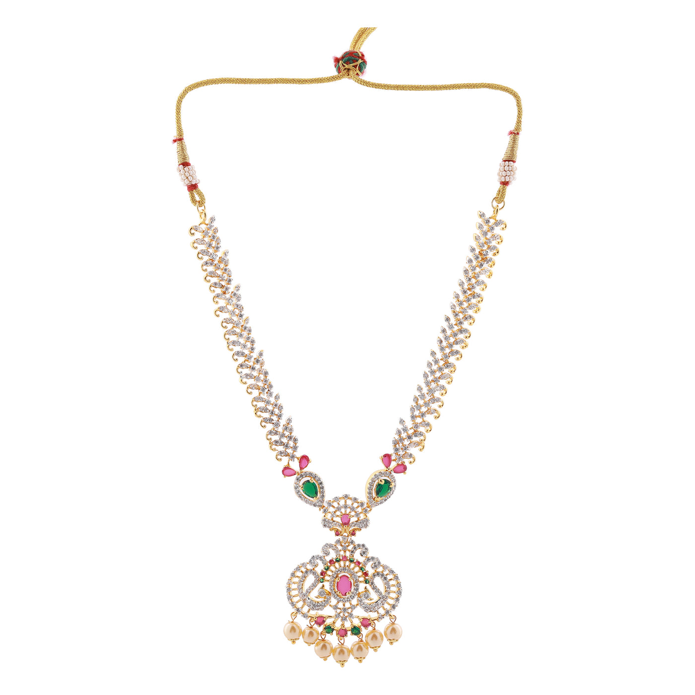 Estele Gold Plated CZ Mayuri Traditional Bridal Necklace Set with Pearls & Colored Stones for Women