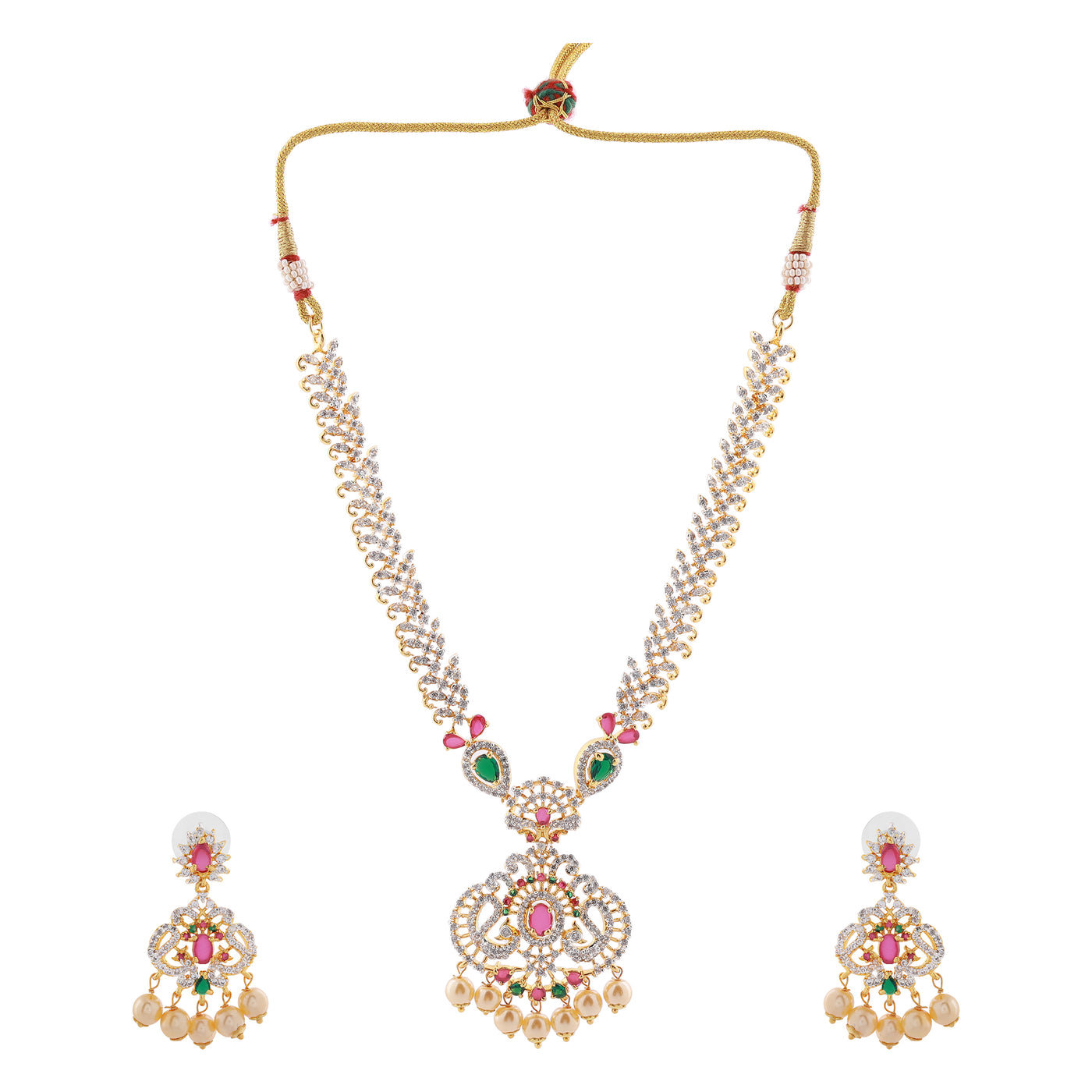 Estele Gold Plated CZ Mayuri Traditional Bridal Necklace Set with Pearls & Colored Stones for Women