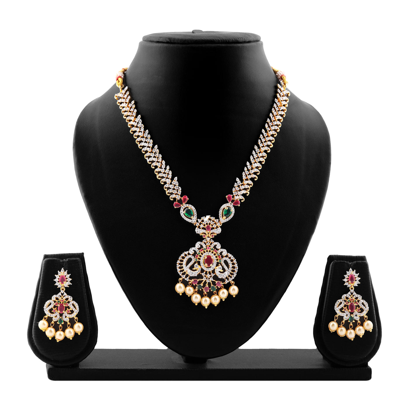 Estele Gold Plated CZ Mayuri Traditional Bridal Necklace Set with Pearls & Colored Stones for Women