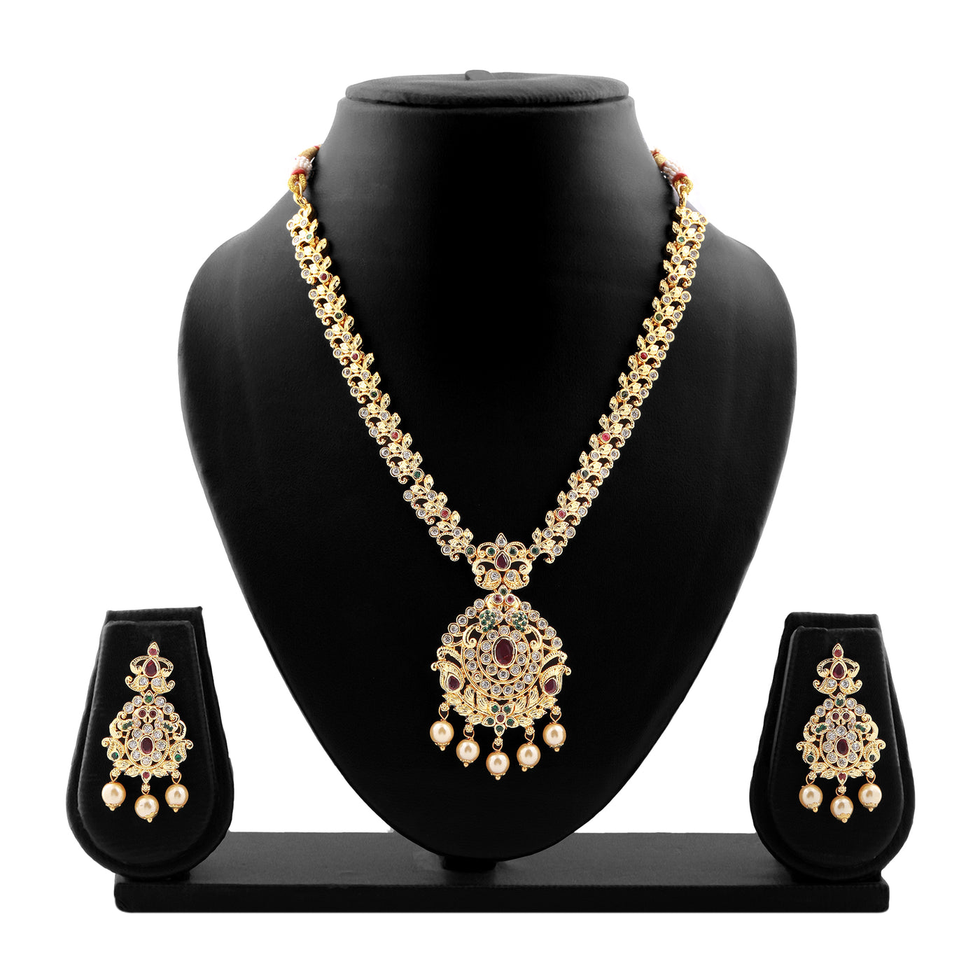 Estele Gold Plated CZ Ethnic Style Bridal Long Necklace set with Pearls & Colored Stones for Women