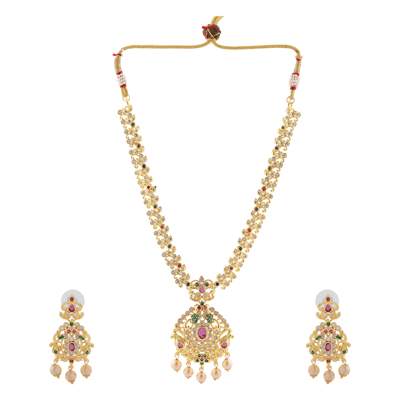 Estele Gold Plated CZ Ethnic Style Bridal Long Necklace set with Pearls & Colored Stones for Women