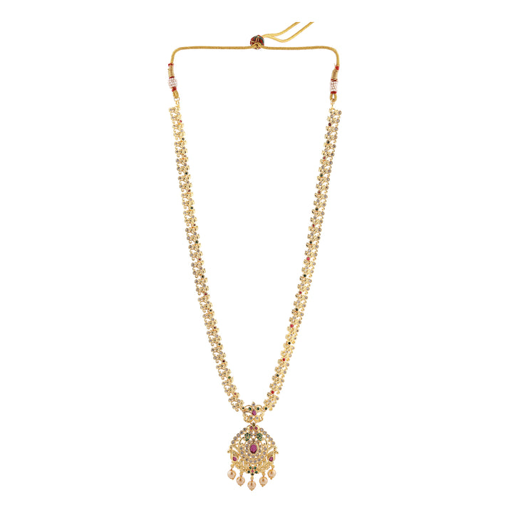 Estele Gold Plated CZ Designer Bridal Long Necklace set with Pearls & Colored Stones for Women