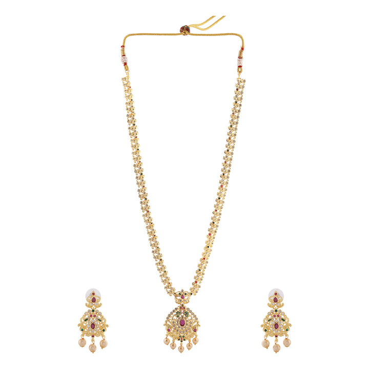 Estele Gold Plated CZ Designer Bridal Long Necklace set with Pearls & Colored Stones for Women