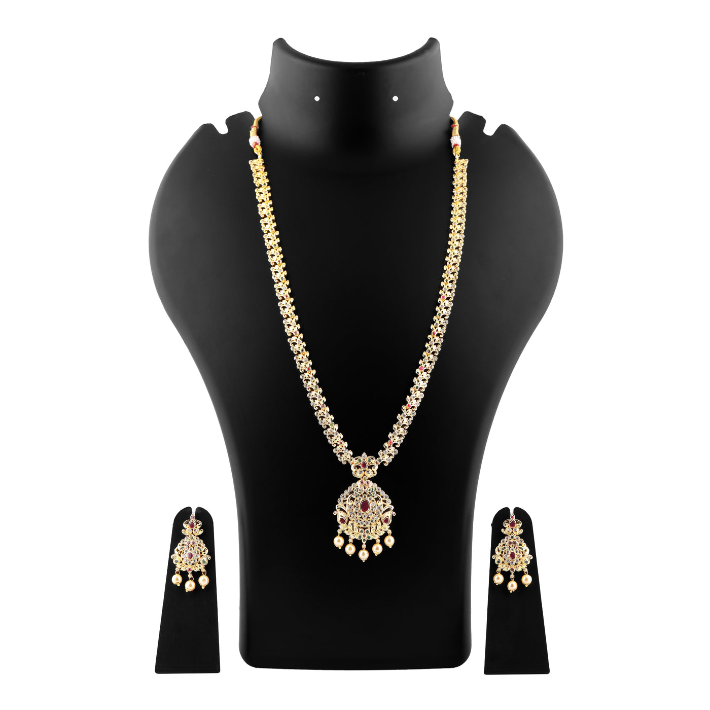 Estele Gold Plated CZ Designer Bridal Long Necklace set with Pearls & Colored Stones for Women