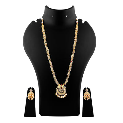 Estele Gold plated CZ Peacock inspired Bridal long Necklace set with color stones & pearls for Women with jhumki