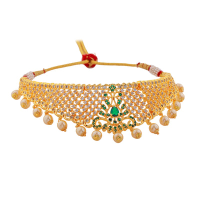 Estele Gold Plated CZ Traditional Bridal Choker Set with Pearls & Green Crystals for Women