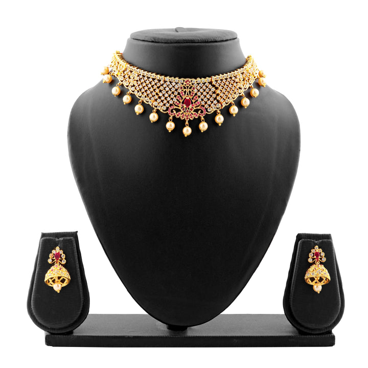 Estele Gold Plated CZ Traditional Bridal Choker Set with Pearls & Ruby Crystals for Women
