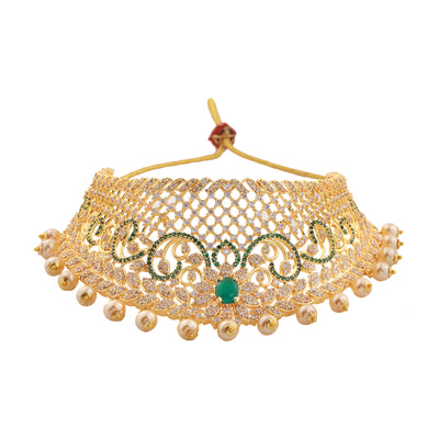 Estele Gold Plated CZ Grand & Gorgeous Bridal Choker Set with Pearls & Green Stones for Women