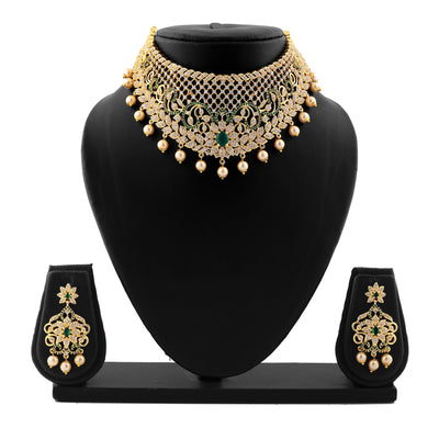 Estele Gold Plated CZ Grand & Gorgeous Bridal Choker Set with Pearls & Green Stones for Women