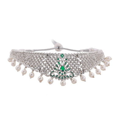 Estele Rhodium Plated CZ Traditional Bridal Choker Set with Pearls & Green Crystals for Women