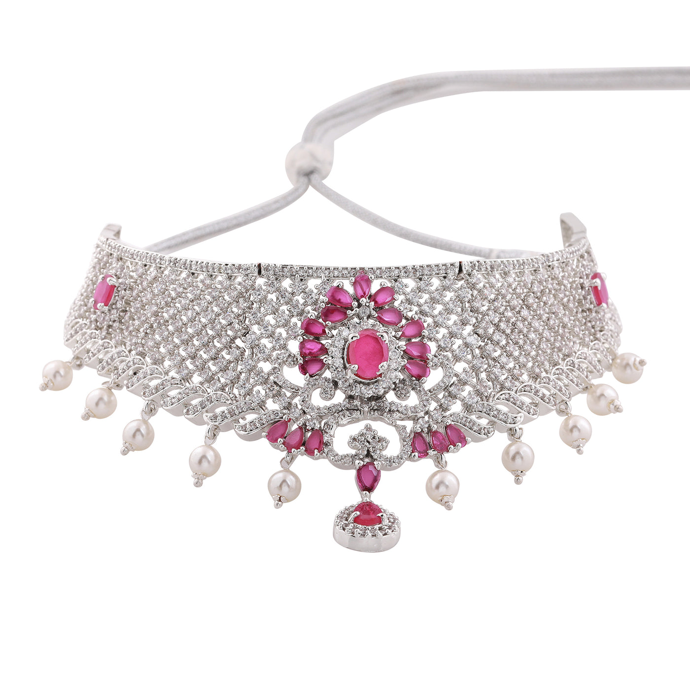 Estele Rhodium Plated CZ Traditional Bridal Choker Set with Pearls & Ruby Crystals for Women