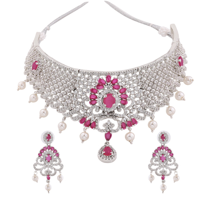 Estele Rhodium Plated CZ Traditional Bridal Choker Set with Pearls & Ruby Crystals for Women