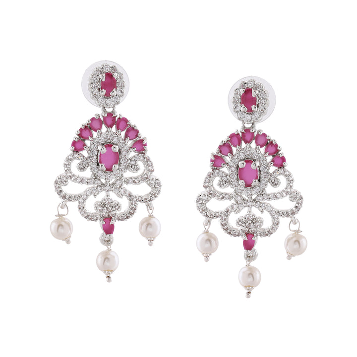 Estele Rhodium Plated CZ Traditional Bridal Choker Set with Pearls & Ruby Crystals for Women