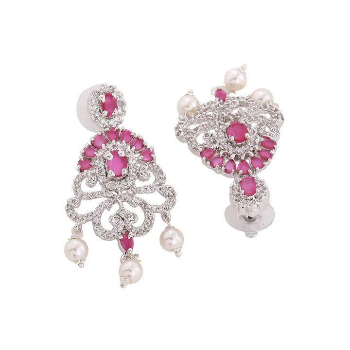 Estele Rhodium Plated CZ Traditional Bridal Choker Set with Pearls & Ruby Crystals for Women
