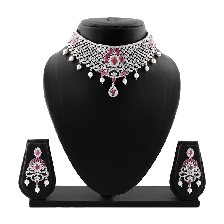 Estele Rhodium Plated CZ Traditional Bridal Choker Set with Pearls & Ruby Crystals for Women