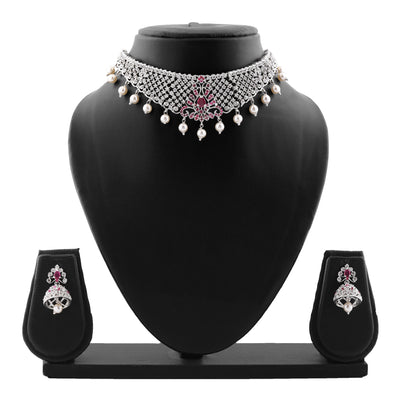 Estele Rhodium Plated CZ Traditional Bridal Choker Set with Pearls & Ruby Crystals for Women