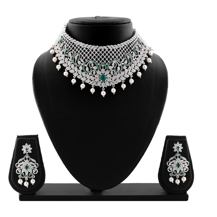 Estele Rhodium Plated Designer Traditional Bridal Choker Set with Pearls & Green Stones for Women