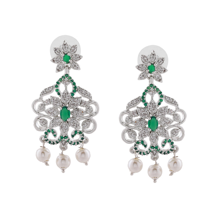 Estele Rhodium Plated Designer Traditional Bridal Choker Set with Pearls & Green Stones for Women