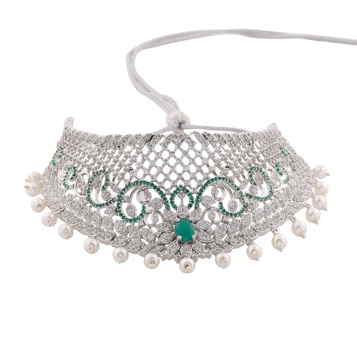 Estele Rhodium Plated Designer Traditional Bridal Choker Set with Pearls & Green Stones for Women