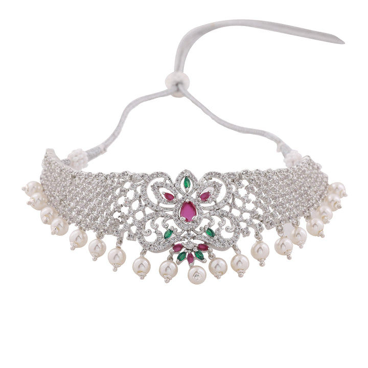 Estele Rhodium Plated CZ Elegant Bridal Choker Necklace Set with Colored Stones & Pearls for Women