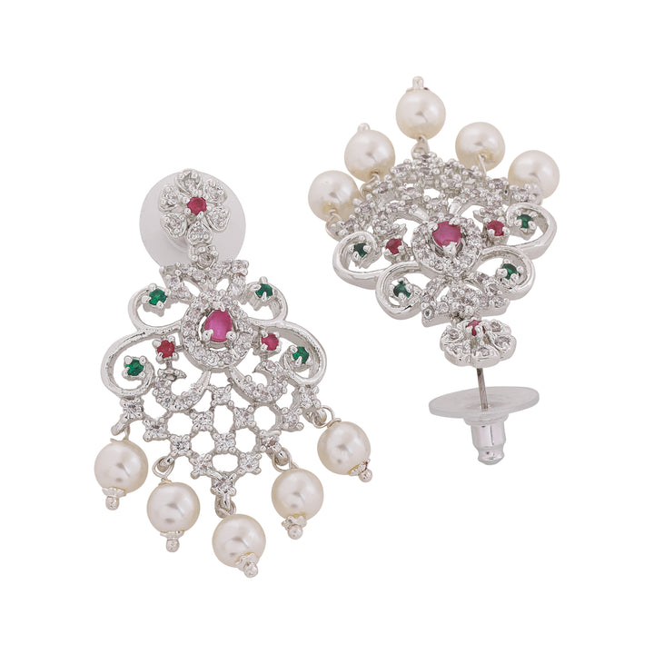 Estele Rhodium Plated CZ Elegant Bridal Choker Necklace Set with Colored Stones & Pearls for Women