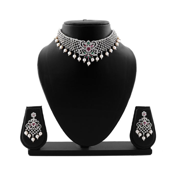 Estele Rhodium Plated CZ Elegant Bridal Choker Necklace Set with Colored Stones & Pearls for Women