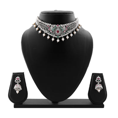 Estele Rhodium Plated CZ Peacock Designer Bridal Choker Necklace Set with Colored Stones & Pearls for Women