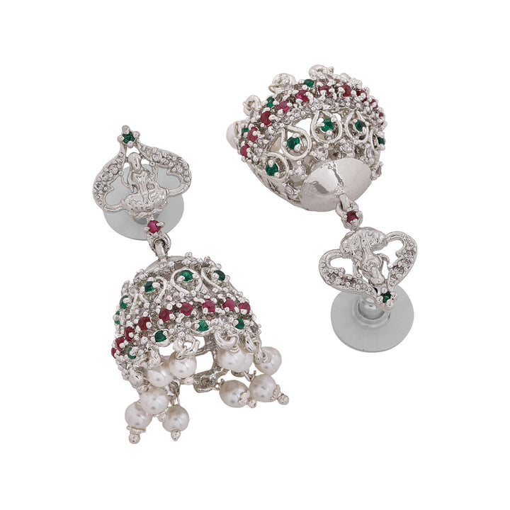 Estele Rhodium Plated CZ Divine Laxmi Ji Designer Bridal Necklace Set with Colored Stones & Pearls for Women