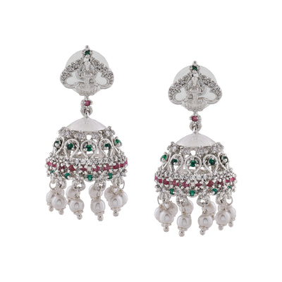Estele Rhodium Plated CZ Divine Laxmi Ji Designer Bridal Necklace Set with Colored Stones & Pearls for Women