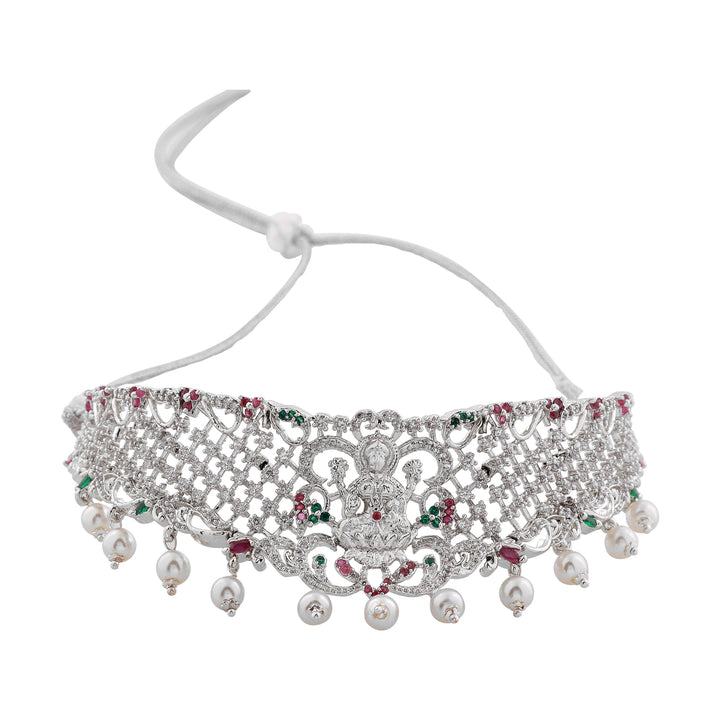 Estele Rhodium Plated CZ Divine Laxmi Ji Designer Bridal Necklace Set with Colored Stones & Pearls for Women