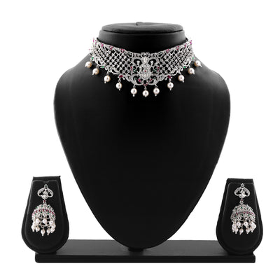 Estele Rhodium Plated CZ Divine Laxmi Ji Designer Bridal Necklace Set with Colored Stones & Pearls for Women
