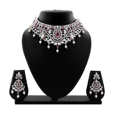 Estele Rhodium Plated CZ Magnificent Bridal Necklace Set with Red Stones & Pearls for Women