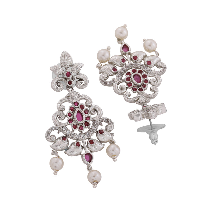 Estele Rhodium Plated CZ Magnificent Bridal Necklace Set with Red Stones & Pearls for Women