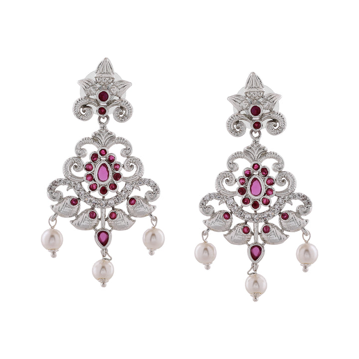 Estele Rhodium Plated CZ Magnificent Bridal Necklace Set with Red Stones & Pearls for Women